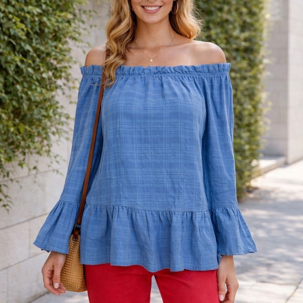 Maven West Women’s Blue Boho Off the Shoulder Ruffle Hem Flowy Top Extra Small
